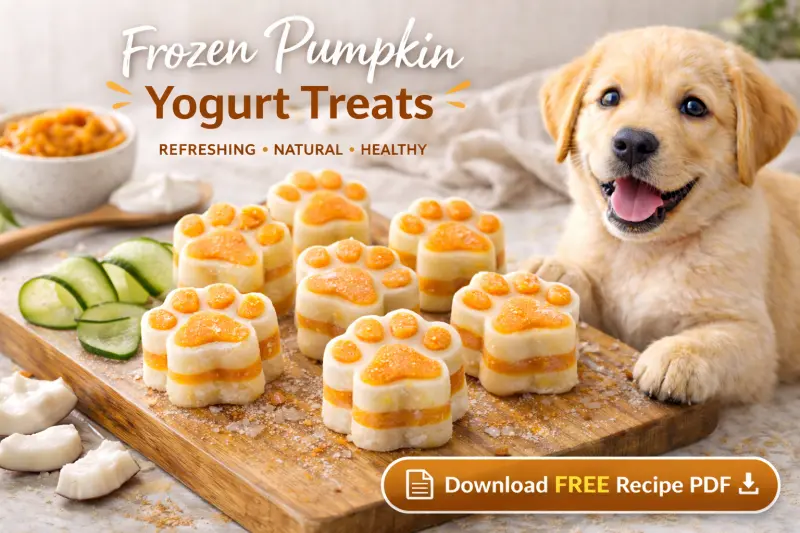 Frozen pumpkin yogurt treats for dogs shaped like small paw prints in orange and white tones