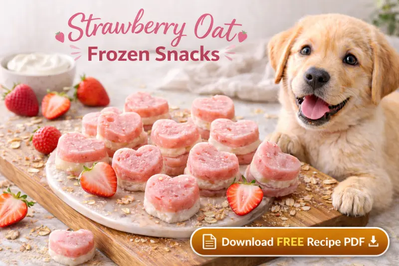 Strawberry oat frozen snacks for dogs shaped like small hearts with visible strawberry pieces