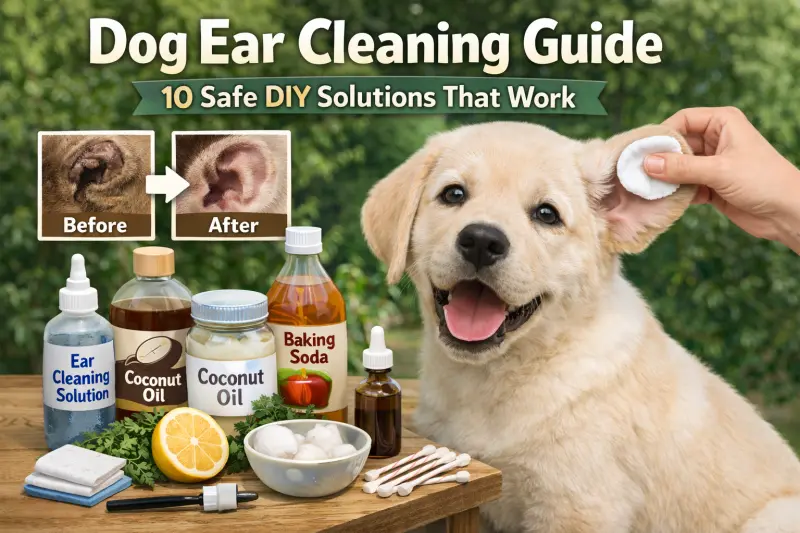 Complete dog ear care setup with multi-function ear cleaning tools and grooming accessories