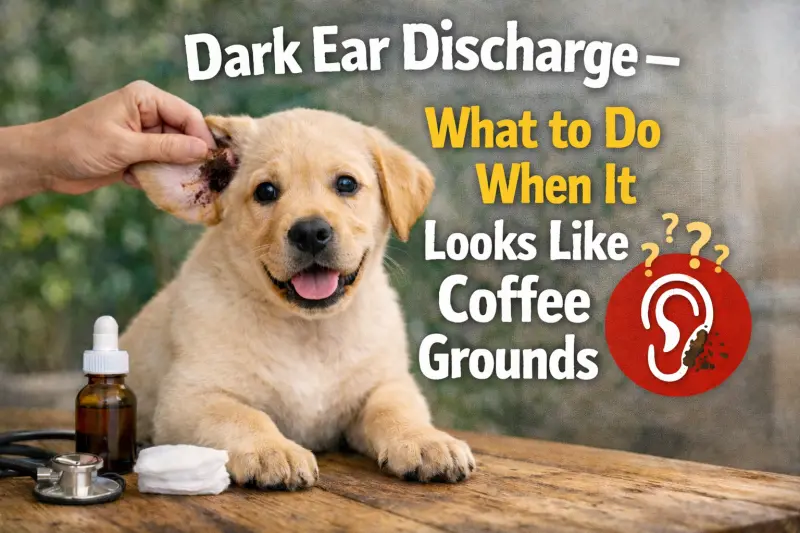 Dog ear with dark discharge that may look like coffee grounds