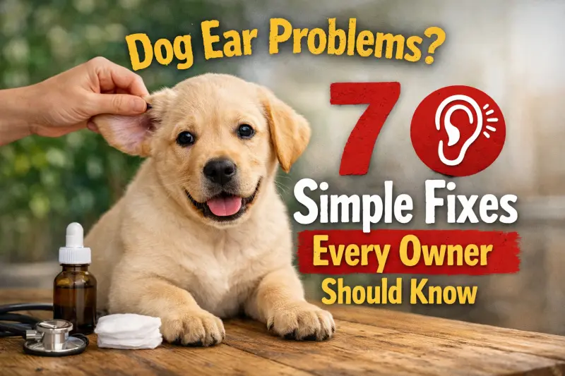 alt="7 common dog ear problems with simple at-home care tips including scratching, odor, discharge, redness, wet ears, head shaking, and pain"
