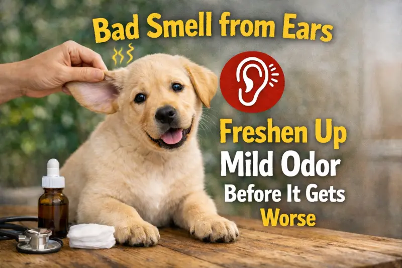 Dog ear being checked for odor and mild buildup
