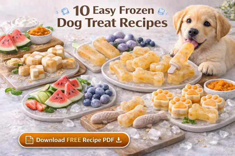 Collection of ten homemade summer dog treats arranged together with colorful frozen bites and cooling snacks