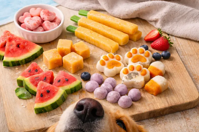 Assorted homemade frozen dog treats including watermelon bites, blueberry yogurt drops, pumpkin paw treats, and peanut butter cubes on a wooden board
