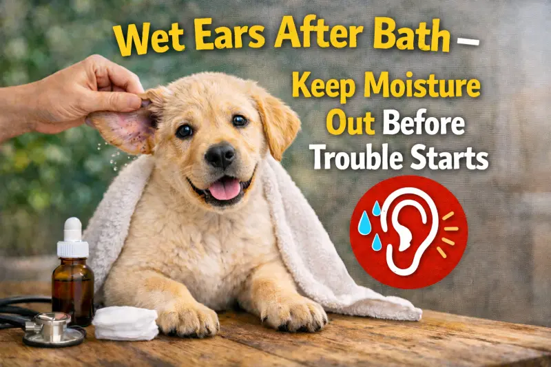 Dog after a bath with ears being gently dried to prevent trapped moisture